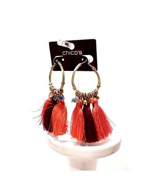 CHICO’s Austyn Orange & Magenta Tassels on Matte Gold Hoops w Gemstones NWT​
